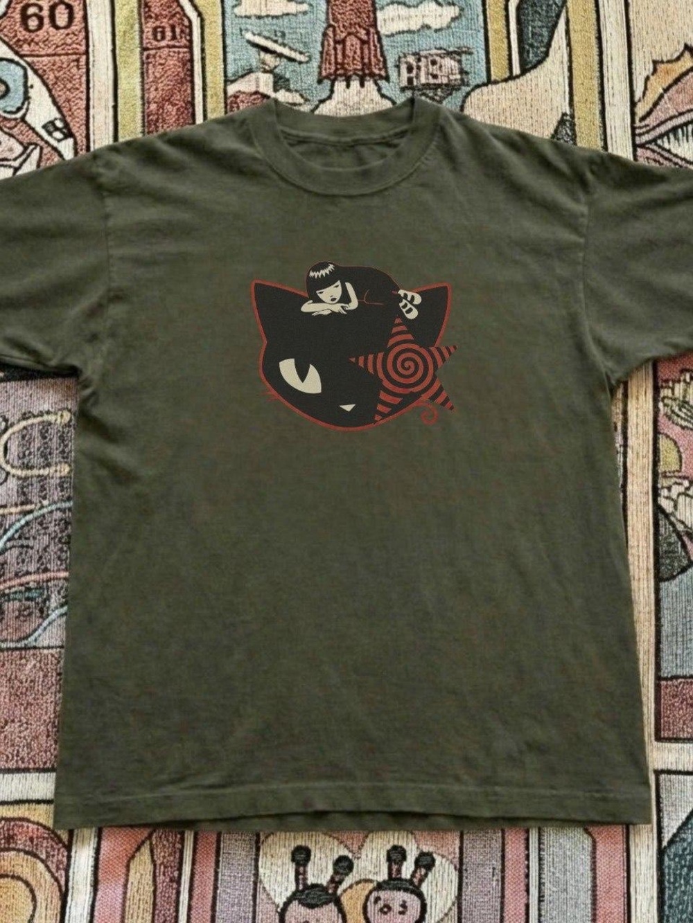 Gildan Olive Green Short-Sleeve Tee with Black & Red Cat Graphic